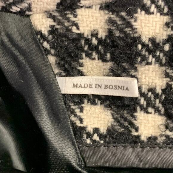 SANDRO Size L Black White Checkered Wool Blend Buttoned Raglan Coat - Picture 7 of 11